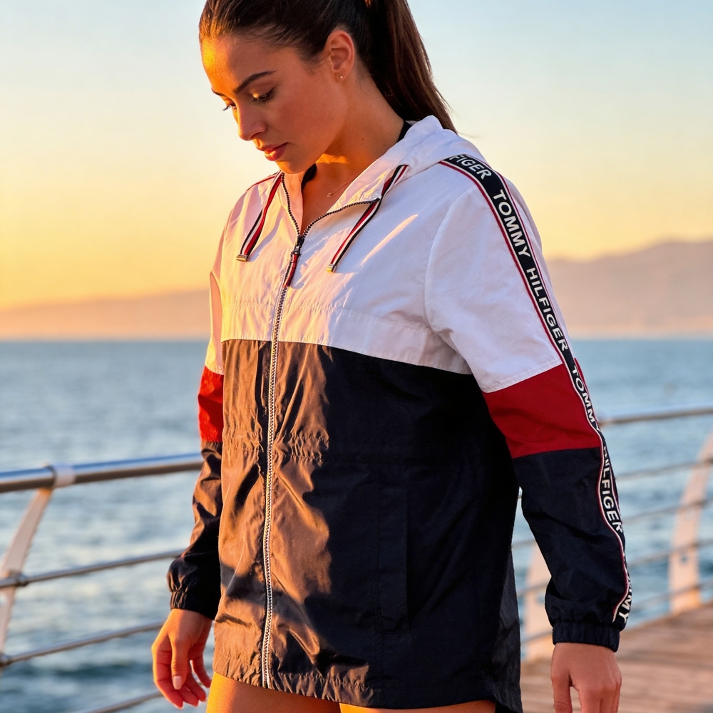Tommy Hilfiger Women’s Navy, White & Red Colorblock Windbreaker Jacket